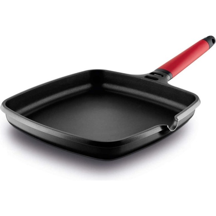 Sartén grill liso de inducción Castey con mango desmontable rojo