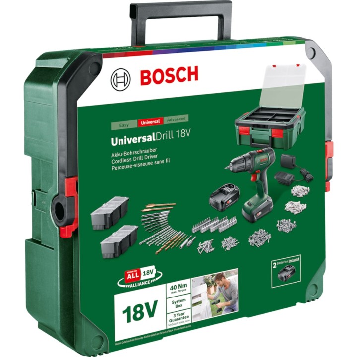Taladro atornillador a batería Bosch 18 V con SystemBox y 241 accesorios