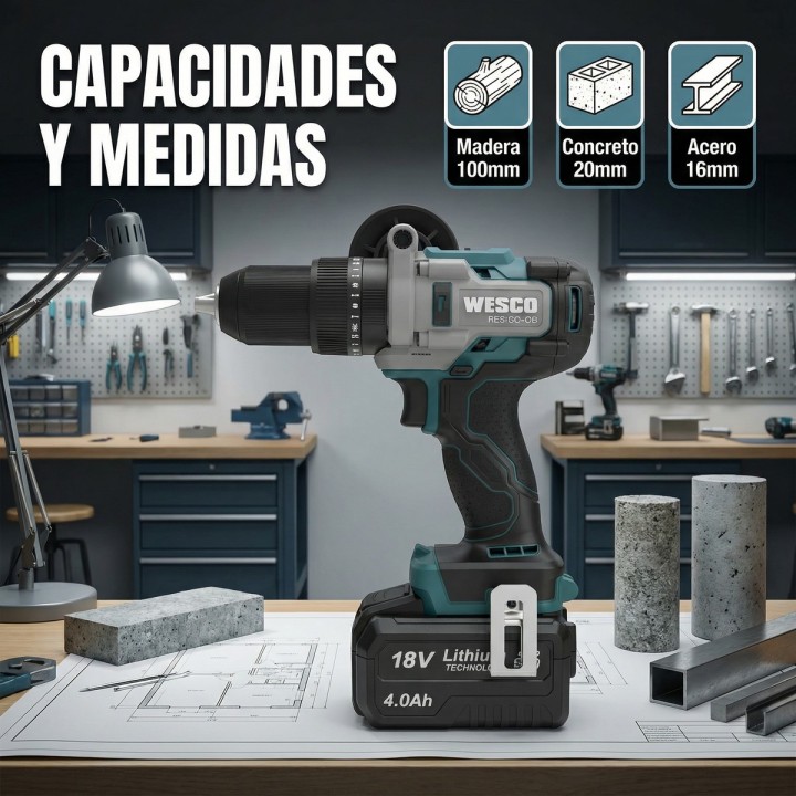 Taladro percutor a batería WESCO 18 V 140 Nm con maletín - vista adicional 2