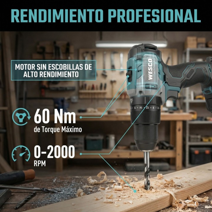 Taladro percutor a batería WESCO 18 V 60 Nm con 2 baterías - vista adicional 1