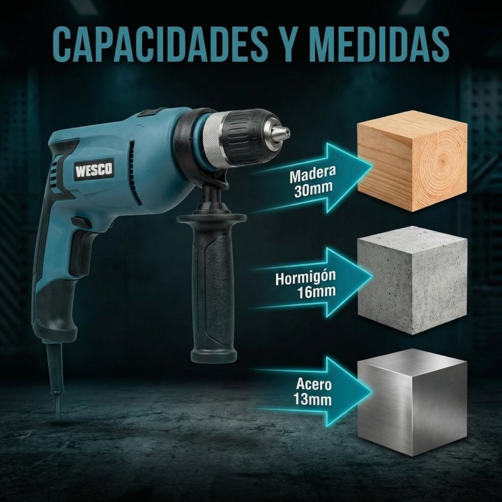 Taladro percutor WESCO 750 W con portabrocas de 13 mm - vista adicional 9